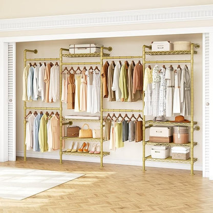 ONBRILL H4 Wall Mounted Closet System, Expandable Industrial Pipe Clothes Rack Clothing Rack for Hanging Clothes, Heavy Duty Closet Organizers and Storage in Wardrobe Closet - Gold