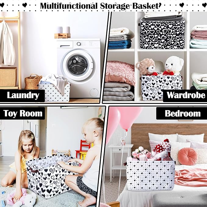 Geelin 3 Pcs Valentines Baskets Storage Valentine's Day Basket for Gifts Collapsible Waterproof Canvas Black and White Heart Storage Bin Organizer with Handles for Book Closet Shelf Nursery Decor