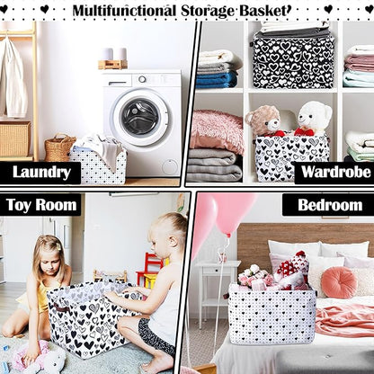 Geelin 3 Pcs Valentines Baskets Storage Valentine's Day Basket for Gifts Collapsible Waterproof Canvas Black and White Heart Storage Bin Organizer with Handles for Book Closet Shelf Nursery Decor