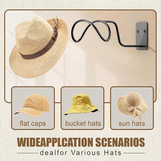 Cowboy Hat Holder, 4 Pack Cowboy Hat Rack for Wall, Metal Hat Hanger for Wall, Cowboy Hat Holder for Fedora, Sun Hats, Wide Brim, Hat Organizer Hooks Storage for Home, Black