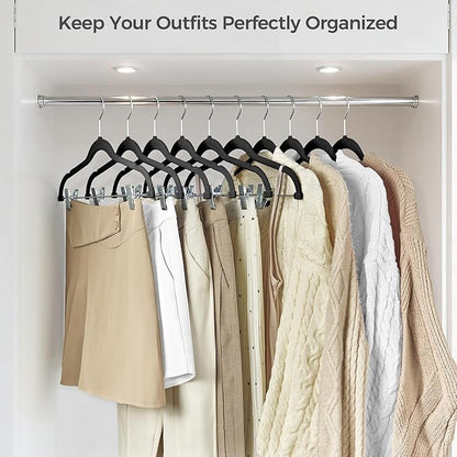 HOUSE DAY Velvet Hangers with Adjustable Clips 30 Pack, Non-Slip Suit Organizer with 360° Hook - Heavy Duty Hanger for Pants, Skirts, Blouses, Dresses - Outfit Hangers All-Season Space Saver (Black)