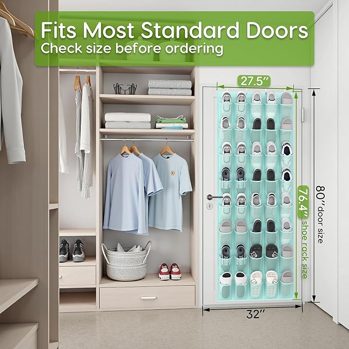 Over the Door Shoe Organizer with 40 Large Breathable Mesh Pockets, Space Saving Shoe Holder, Hanging Shoe Rack for Entryway Bedroom Closet Storage (Mint Blue, 40 Pockets)