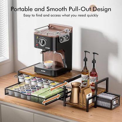 K Cup Holder, 2-Tier Coffee Pod Holder for 48 Pods, K Cup Drawer Organizer with Sliding Storage Drawer, Coffee Bar Station Organizer for Countertop, Space Saving, Home & Office, Brown