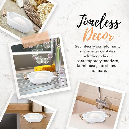 Autumn Alley White Farmhouse Soap Dish for Bathroom – Fun Kitchen Soap Tray – Farmhouse Bathroom Accessories – Rustic Soap Dish – Wooden Handles Add Vintage Appeal – Cute Bathtub Decor