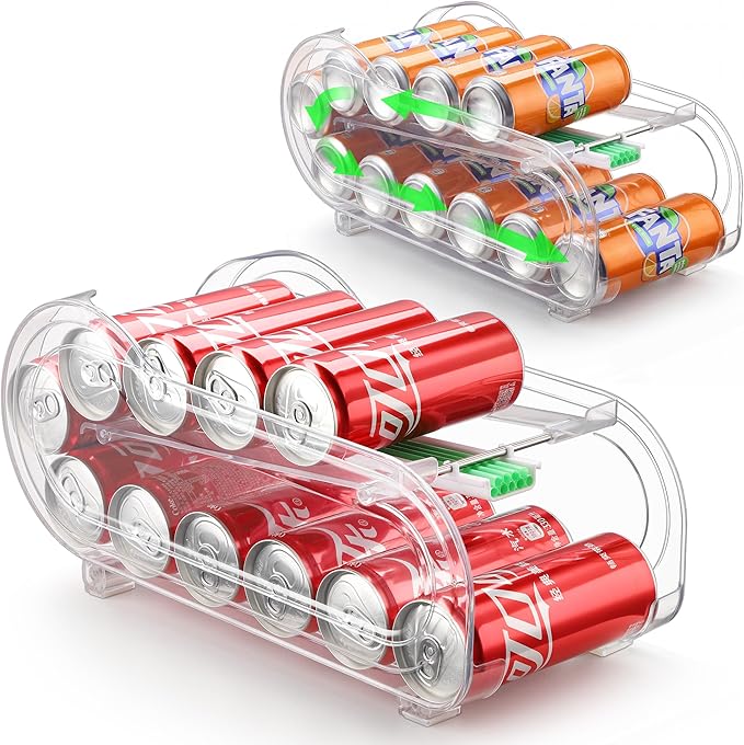 Soda Can Organizer for Refrigerator, Drink Organizer for Fridge, 2 Pack Automatic Rolling Can Dispenser Holder, Organize 11 Pcs Standard Long Cans