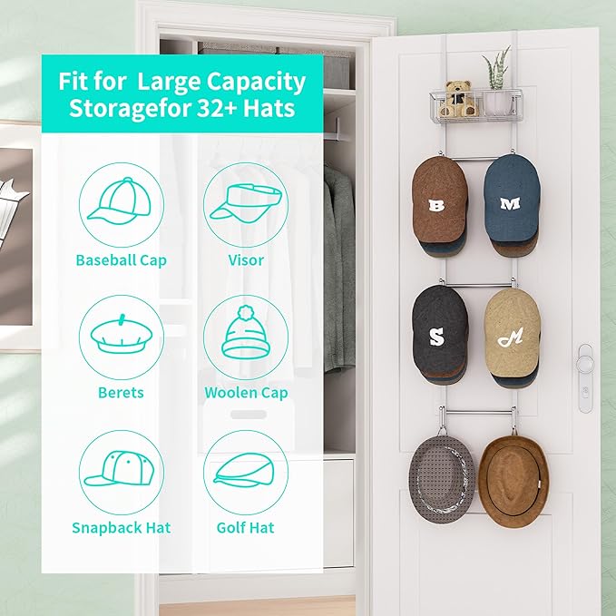 HapiRm Over Door Hat Rack - Wall Mounted Hat Organizer with 6 Hooks and Metal Basket Design, Baseball Cap Organizer Storage Holder Up to 32 Caps for Door, Bedroom, Closet (Sliver)