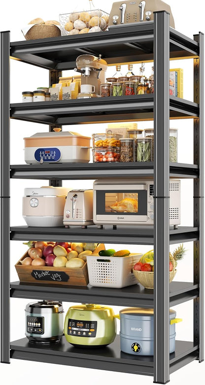 6-Tier Kitchen Shelves with Storage, Metal Microwave Stand Shelf, Coffee Bar for Small Spaces, Free Standing Kitchen Storage Shelf, Racks for Storage, Loads 2400LBS, Black