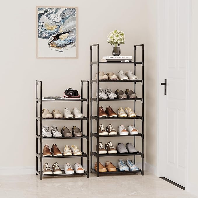 5-Tier Shoe Rack with Handrails, Stackable Narrow Shoe Storage for Entryway, 17.5" W x 11.4" D x 35.4" H, Space Saving Small Shoe Stand for Closet Hallway Dorm, Multi-Functional Shelf(Black)