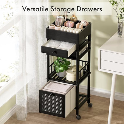 Amazer Bamboo Makeup Organizer Cart with 3 Drawers, Floor Skin Care Storage for Bathroom Bedroom, Rolling Vanity Organizer Cart for Cosmetic, Nail Polish, Perfume and Hair Tools, Black