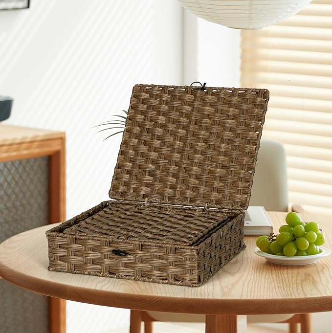 Plastic Wicker Storage Baskets with Lids, 2-Pack Woven Rattan Organizer Bins with Locking Button, Decorative Flat Storage Boxes, 11"x9.25"x2.75" & 13"x11.2"x3.5", Brown