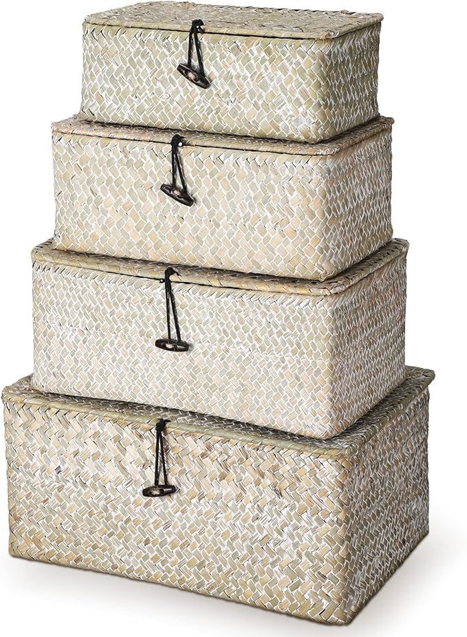 Woanger Set of 4 Wicker Baskets with Lids, Nautral Seagrass Storage Baskets, Woven Rectangular Basket Bins, Rattan Storage Organizer for Shelf Closet Bedroom(White)