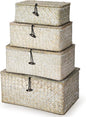 Woanger Set of 4 Wicker Baskets with Lids, Nautral Seagrass Storage Baskets, Woven Rectangular Basket Bins, Rattan Storage Organizer for Shelf Closet Bedroom(White)