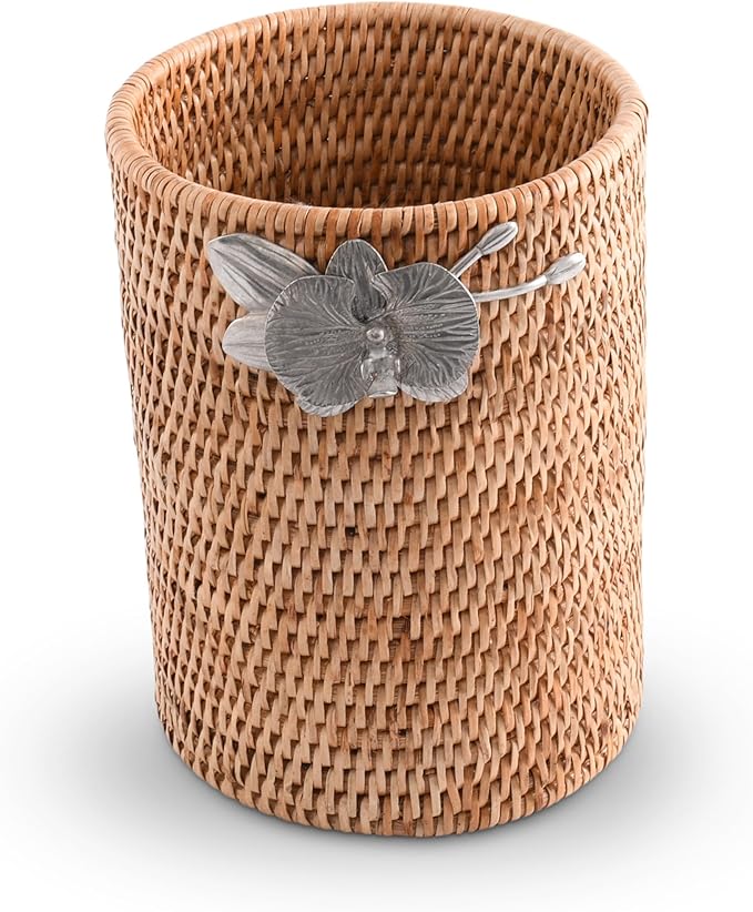 Vagabond House Wicker Rattan Utensil Holder, 8 Inches Tall, Large Kitchen Organizer with Pewter Orchid, Woven Boho Decor for Practicality and Style
