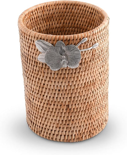 Vagabond House Wicker Rattan Utensil Holder, 8 Inches Tall, Large Kitchen Organizer with Pewter Orchid, Woven Boho Decor for Practicality and Style