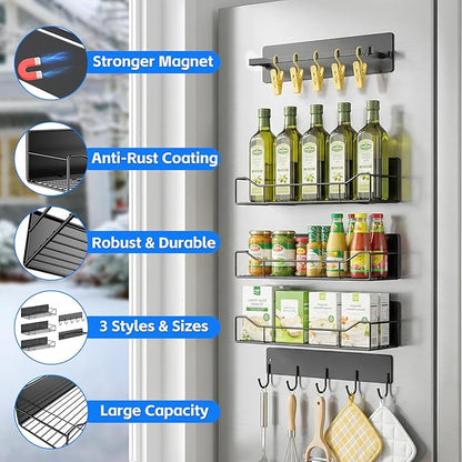 Magnetic Spice Rack for Refrigerator, 5 Pack Magnetic Fridge Organizer Shelves, Strong Magnetic Hold, No Drilling, Space Saving Storage Rack for Kitchen Spice Jars, Pantry & Refrigerator (Black)