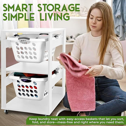Laundry Basket Holder Shelf – Stackable Engineered Wood Laundry Tower with Wheels, Tiered Laundry Hamper Organizer for Bathroom, Bedroom, Closet (White, 2 Tier)