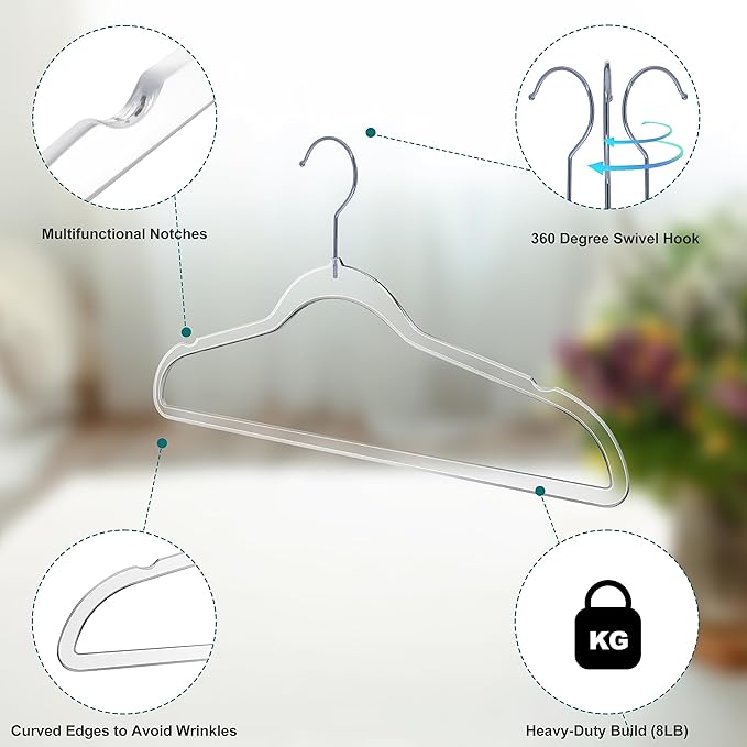 Quality Hangers Clear Plastic Hangers for Clothes | 50 Pack - 17.5 Inch | Heavy Duty Hangers Space Saving Crystal Acrylic | 360 Degree Swivel Hook and Notches (Clear, 50)