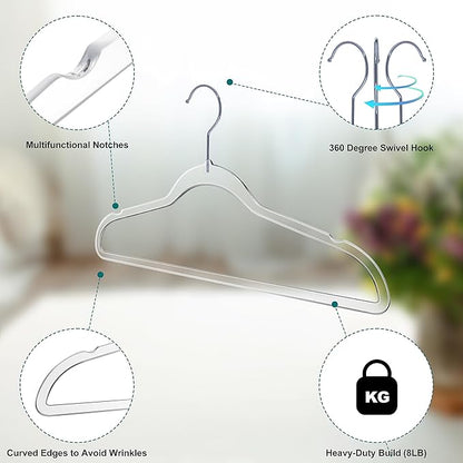 Quality Hangers Clear Plastic Hangers for Clothes | 50 Pack - 17.5 Inch | Heavy Duty Hangers Space Saving Crystal Acrylic | 360 Degree Swivel Hook and Notches (Clear, 50)