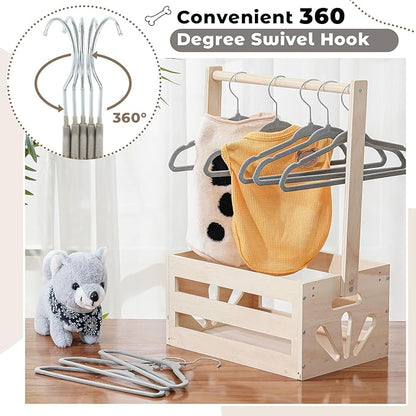 Weysat 24 Pcs Dog Apparel 11'' Clothing Hangers Velvet Small Pet Gray Hangers for Cats/Dogs Non-Slip & 360° Swivel Rustproof Metal Hooks, Space-Saving for Home Storage & Grooming Salons Minimalism