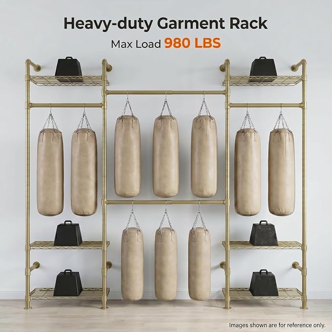 Wall Mounted Closet System – Adjustable Clothing Rack with 4 Expandable Rods & 6 Shelves, Heavy Duty Industrial Pipe Clothes Rack for Closet Organizer and Storage, Gold