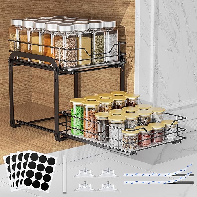 Pull Out Spice Organization for Cabinets, 2 Tier Pull Out Spice Rack, Slide Out Spice Rack Organizer for Cabinet, Spice Rack for Inside Cabinets, with Labels, 9" W×10.5" D×9" H, Black