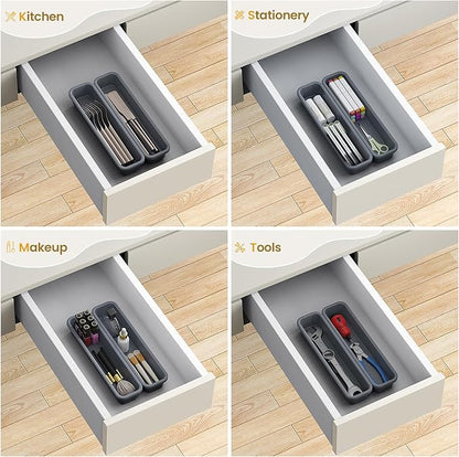 2 Pack Silicone Silverware Drawer Organizer, DIY Free Combination Kitchen Drawer Organizer, Utensil Organizer, Moisture-proof and Heat-resistant up to 200°C, Anti-slip Design (Grey)