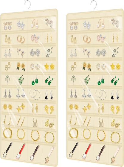Hanging Jewelry Organizer Storage for Closet Wall Door Travel with 80 Clear Double-Sided Pockets for Earrings, Necklaces, Rings, Bracelets,1 Pcs