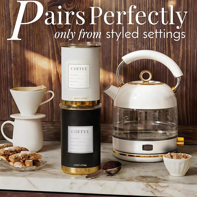 STYLED SETTINGS Vacuum Coffee Canister with Airtight Lid - Dual-Lid Airtight Coffee Canister with Scoop and Label for Beans and Grounds, Food Storage Container -White and Gold Kitchen Accessories