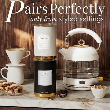 STYLED SETTINGS Vacuum Coffee Canister with Airtight Lid - Dual-Lid Airtight Coffee Canister with Scoop and Label for Beans and Grounds, Food Storage Container -White and Gold Kitchen Accessories
