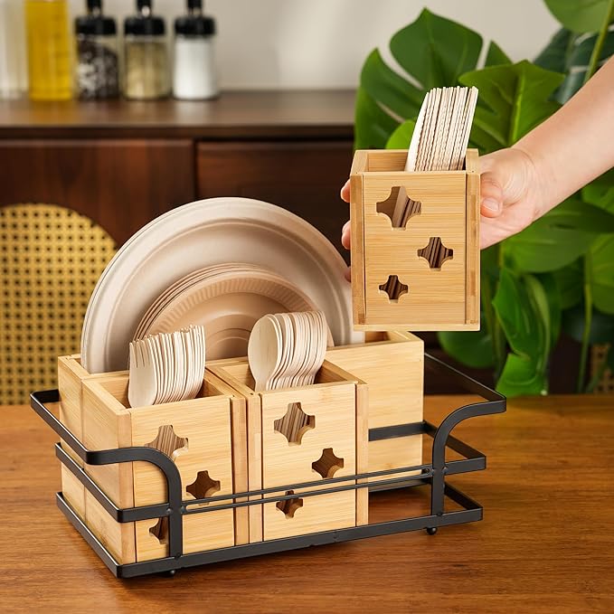 Silverware Caddy Wood Utensil Holder Silverware Utensil Caddy Cutlery Flatware Paper Plate Dispenser Organizer for Spoons Forks Plates Napkins (Star)