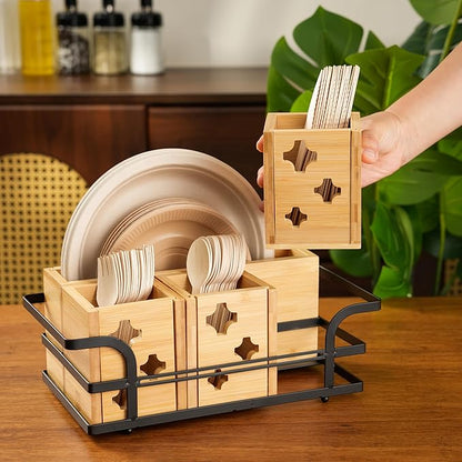 Silverware Caddy Wood Utensil Holder Silverware Utensil Caddy Cutlery Flatware Paper Plate Dispenser Organizer for Spoons Forks Plates Napkins (Star)