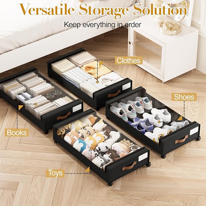 Yecaye Under Bed Storage with Wheels, 4 Pack Under the Bed Storage Containers with Lids & Label, XXL 60L Rolling Underbed Storage Drawers for Clothes, Blankets, Shoes, Black