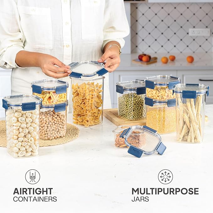 CELLO Stack Lock 9 Pack Airtight Fridge Storage Containers BPA Free for Dry Food, Legumes, Spices (900ml, 450ml + 1300ml) x 3 each, Blue