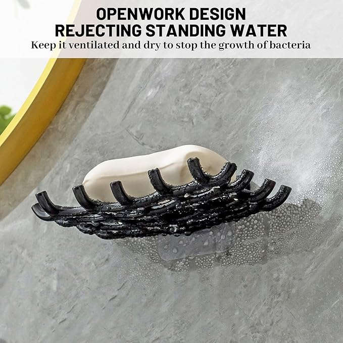 Shower Soap Holder for Wall, Adhesive Bar Soap Dish with Self Draining Grid, Side Hooks and No Drilling Mount, Black, 4 Pack