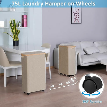 efluky Slim Laundry Hamper with Wheels, Narrow Laundry Basket with Lid and Removable Bag, Aesthetic Dirty Clothes Hamper on Wheels for Laundry Room, Bedroom, Dorm and Bathroom, 75L Beige
