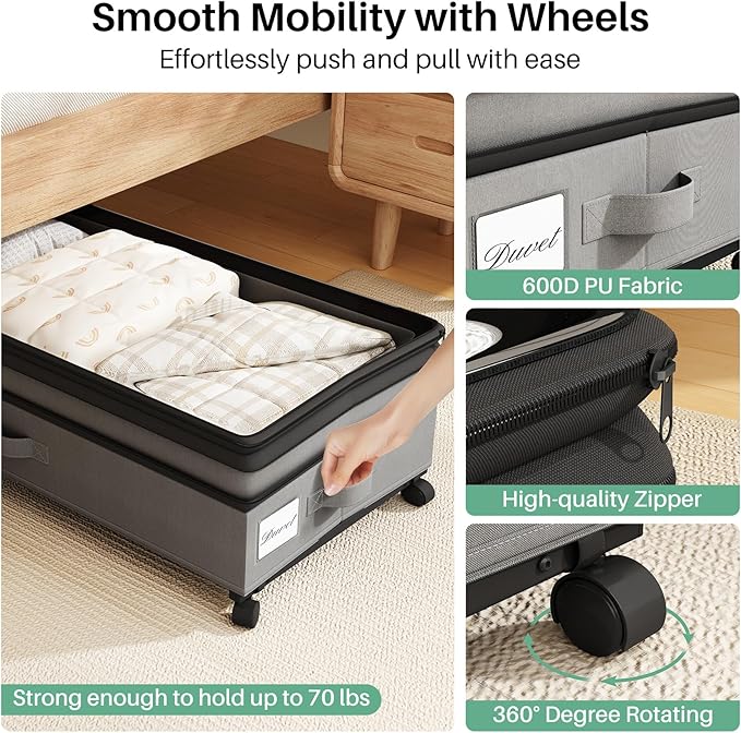 Kitstorack 4 Pack Height-adjustable Under Bed Storage with Wheels, Under Bed Storage Containers,Under Bed Shoe Storage Organizer with Clear Window&Label, Suitable for Clothes Storage, Gray