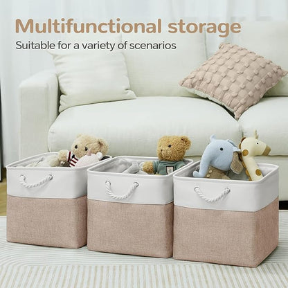 12 x 12 Inch Cube Storage Bins, 4 Pack Fabric Storage Basket with Handles, Foldable Boxes Organizer for Shelf Baskets for Home, Clothes (White/Khaki)
