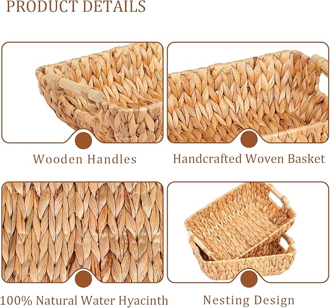 Wicker Storage Baskets with Wooden Handles, Hand-Woven Water Hyacinth Storage Organizers for Throw Blankets, Bedroom, Living Room, Laundry(2 Pack)