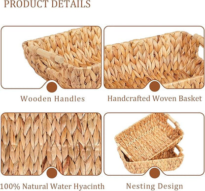 Wicker Storage Baskets with Wooden Handles, Hand-Woven Water Hyacinth Storage Organizers for Throw Blankets, Bedroom, Living Room, Laundry(2 Pack)