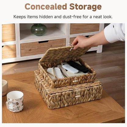 StorageWorks Wicker Basket with Lid, Flat Wicker Storage Bins with Lids, Decorative Storage Boxes with Lids, Water Hyacinth Baskets for Organizing, Woven Basket for Shelves