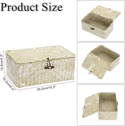 Hipiwe Wicker Shelf Baskets Bin with Lid Natural Seagrass Basket Storage Boxes Small Woven Basket Multipurpose Home Organizer Bins Box for Shelf Closet Bedroom Living Room Home Decor, Whitewash