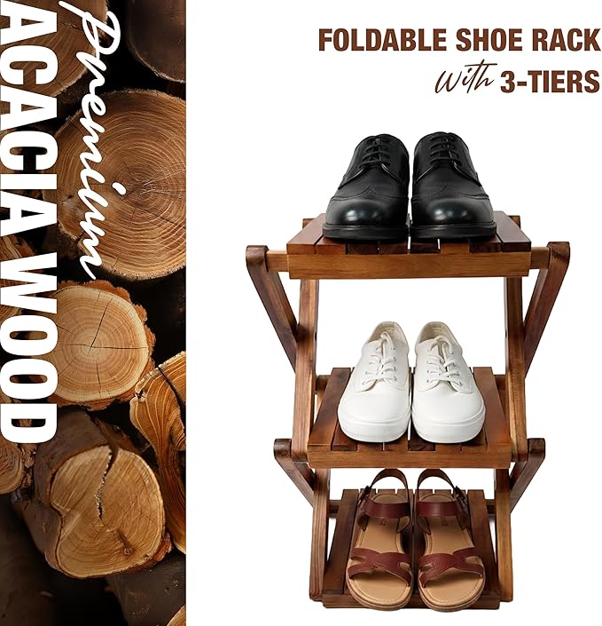Premium Acacia Wood Shoe Rack for Entryway - 3-Tier Foldable Wooden Shoe Shelf, Free Standing Space Saving Shoe Organizer for Small Spaces, Apartment, Closet