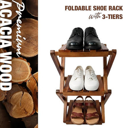 Premium Acacia Wood Shoe Rack for Entryway - 3-Tier Foldable Wooden Shoe Shelf, Free Standing Space Saving Shoe Organizer for Small Spaces, Apartment, Closet
