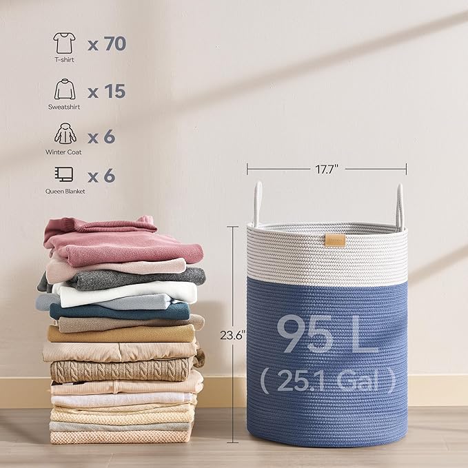 Nunsino Laundry Hamper 95L,Large Laundry Basket for Clothes,Decorative Storage Basket for Blankets,Cotton Rope Woven basket for bedroom,Navy Blue