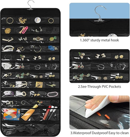 Bloss Hanging Jewelry Organizer With 90 Pockets,Earring Holder Organizer Storage For Valentine's Day Gift,Double-Sided Jewelry Holder for Earrings, Necklaces, Rings on Closet,Wall,Door(Black)