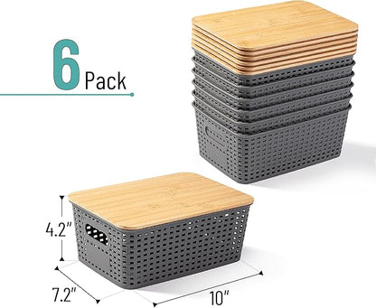 BAMBOO LAND- Plastic Storage Baskets with Bamboo Lid, 6 pcs, Grey Pantry Storage Baskets with Lids