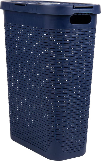 Mind Reader Slim Laundry Hamper with Lid, 40L Clothes Basket, Narrow Tapered Design with Ventilated Cutout Pattern, Plastic, Navy