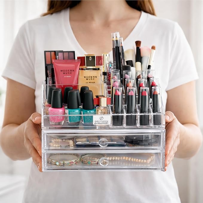 Decozen Makeup Organizer - Vanity Storage with Multiple Compartments and Drawers for Brushes, Lipsticks, Jewelry, Perfect for makeup organizer countertop, makeup holders and organizers, Gift for Mom