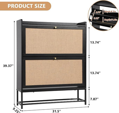 AVZEAR Narrow Shoe Storage Cabinet for Entryway with 2 Flip Drawers, Freestanding Shoe Cabinet with Natural Linen Panel, Slim Wood Shoe Organizer Closed Shoe Rack for Hallway, Foyer(Black)