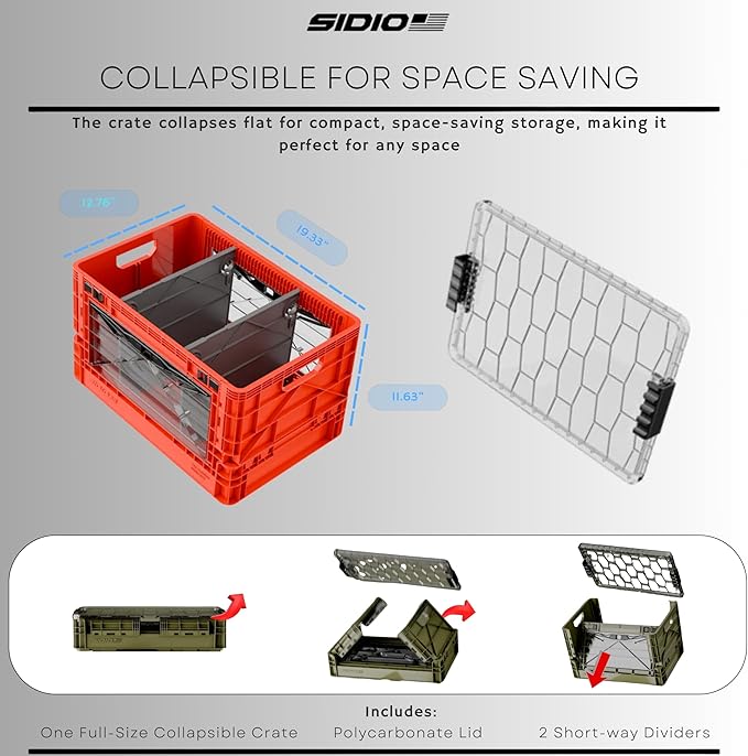 SIDIO Full-Size Collapsible Crate - Heavy Duty Stackable Storage Bin with Lid & 2 Short-Ways Dividers, Durable Plastic Organizer for Home, Office, Garage & Outdoor Use (Sol)